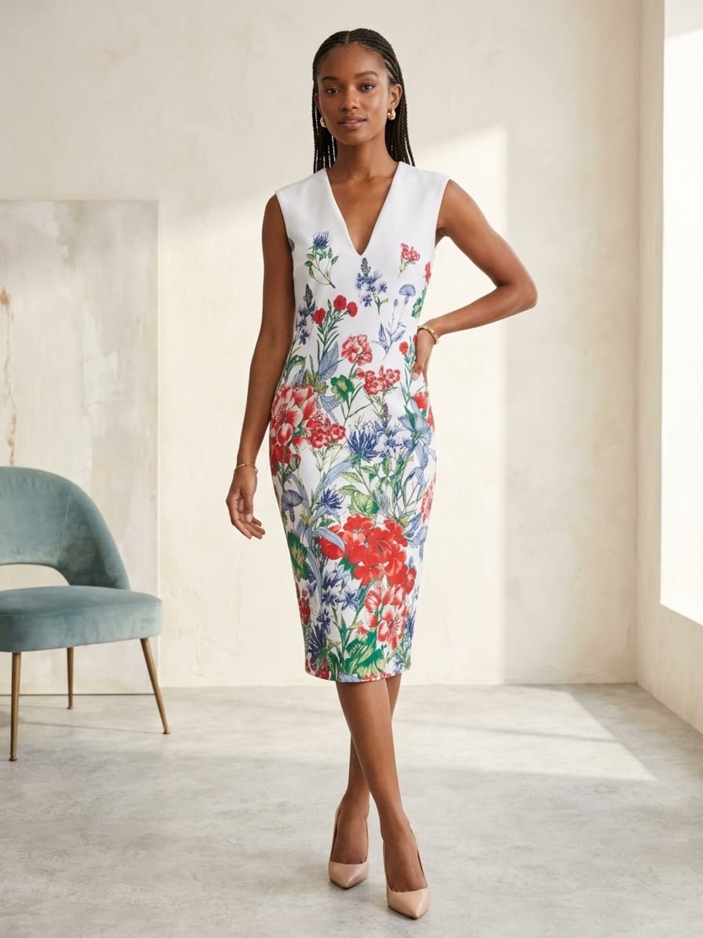 New York & Company White Midi Sheath Dress with Red & Blue Floral Print